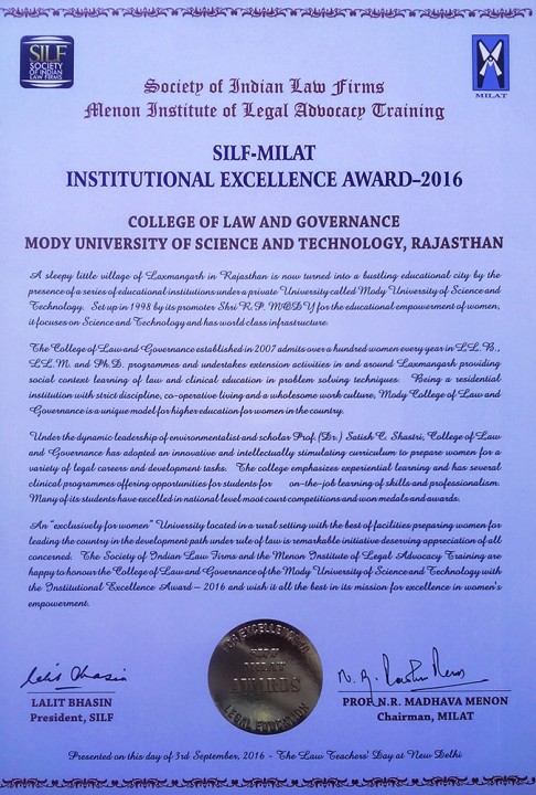 Award1 486x720 College of Law and Governance has been selected and conferred with the Best Institution Award