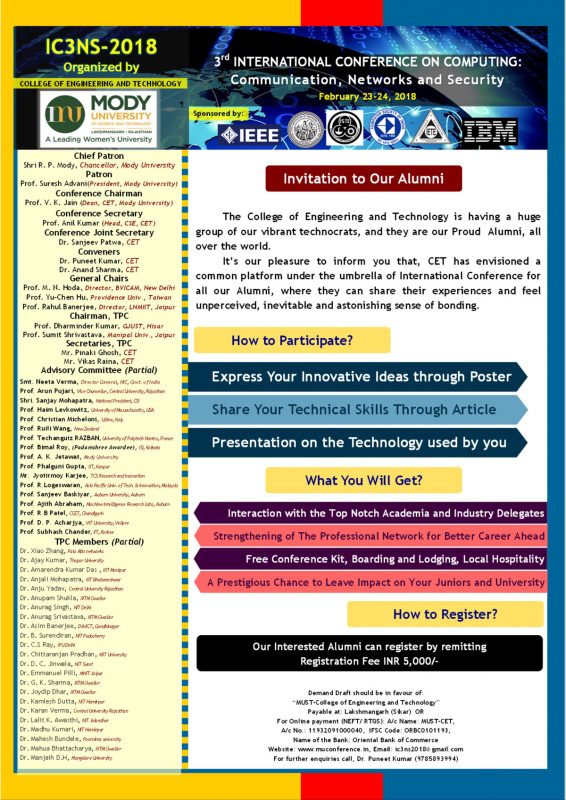 Invitation CET e1518678620820 Curtain Raiser: Third International Conference on Computing: Communication, Networks and Security to be held at Mody University